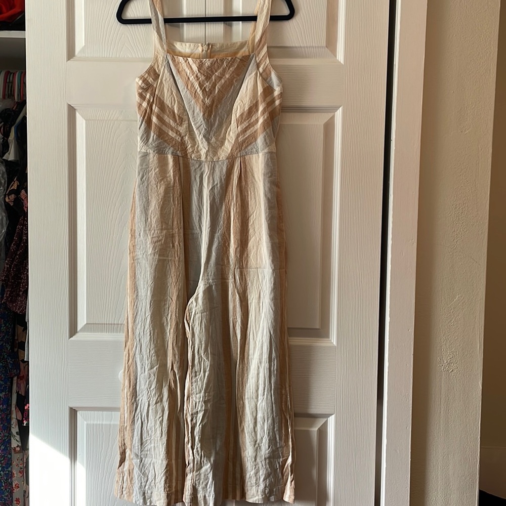 Linen Jumpsuit Anthropologie Tan White Blue stripe